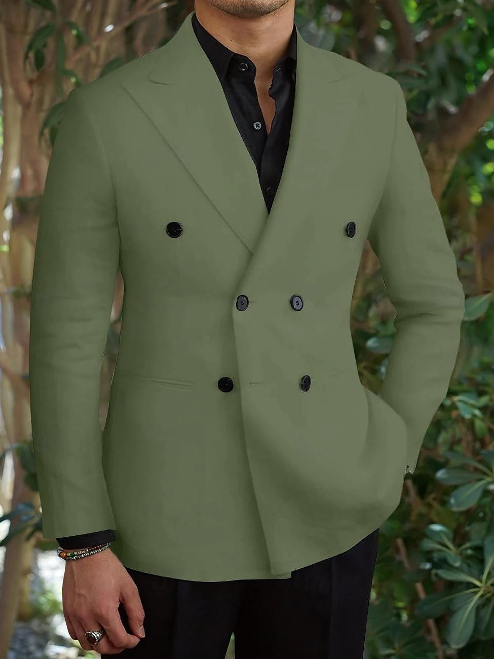 Black Green Men's Business WorkWear Slim Fit Double Breasted Six-buttons Wedding Suits 2 Piece - Image 3