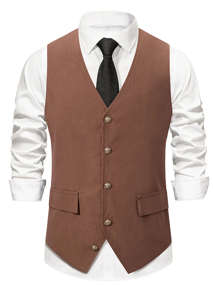 Black Men's Retro V-Neck Solid Single Breasted Buttons Casual Daily Vest with Pocket & Belt - Image 4