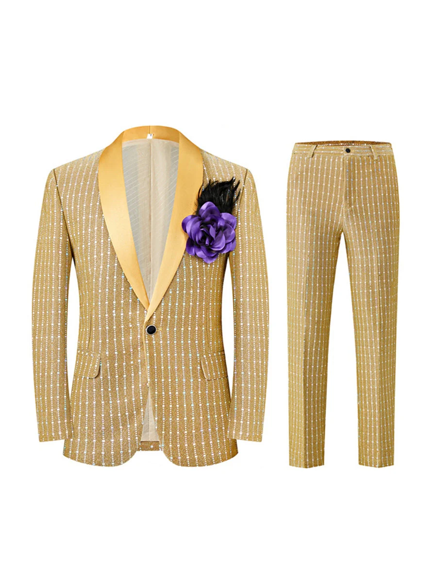 Black Retro Men's Tailored Fit Square Sequins Single Breasted One-Button Formal Party Suits - Image 4