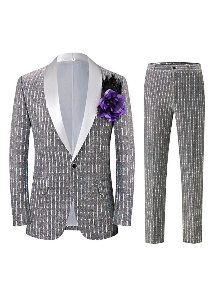 Black Retro Men's Tailored Fit Square Sequins Single Breasted One-Button Formal Party Suits - Image 5