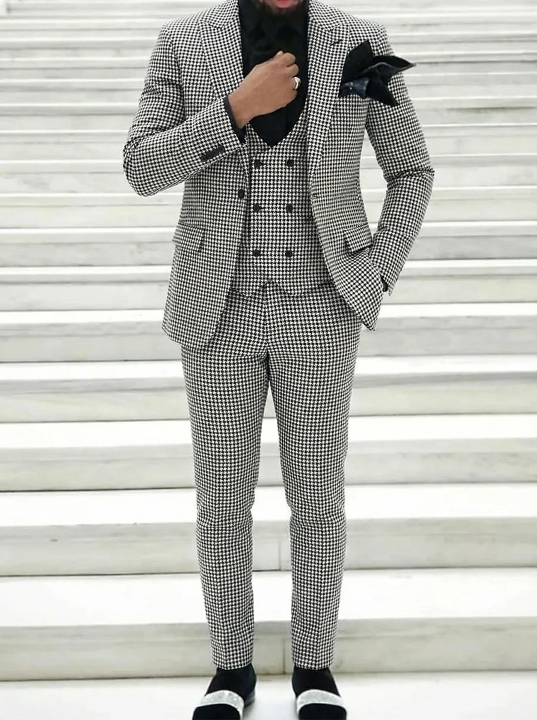 Black White Party Men's Retro Daily Tweed Single Breasted One-Button Party Casual Wedding Suits - Image 3