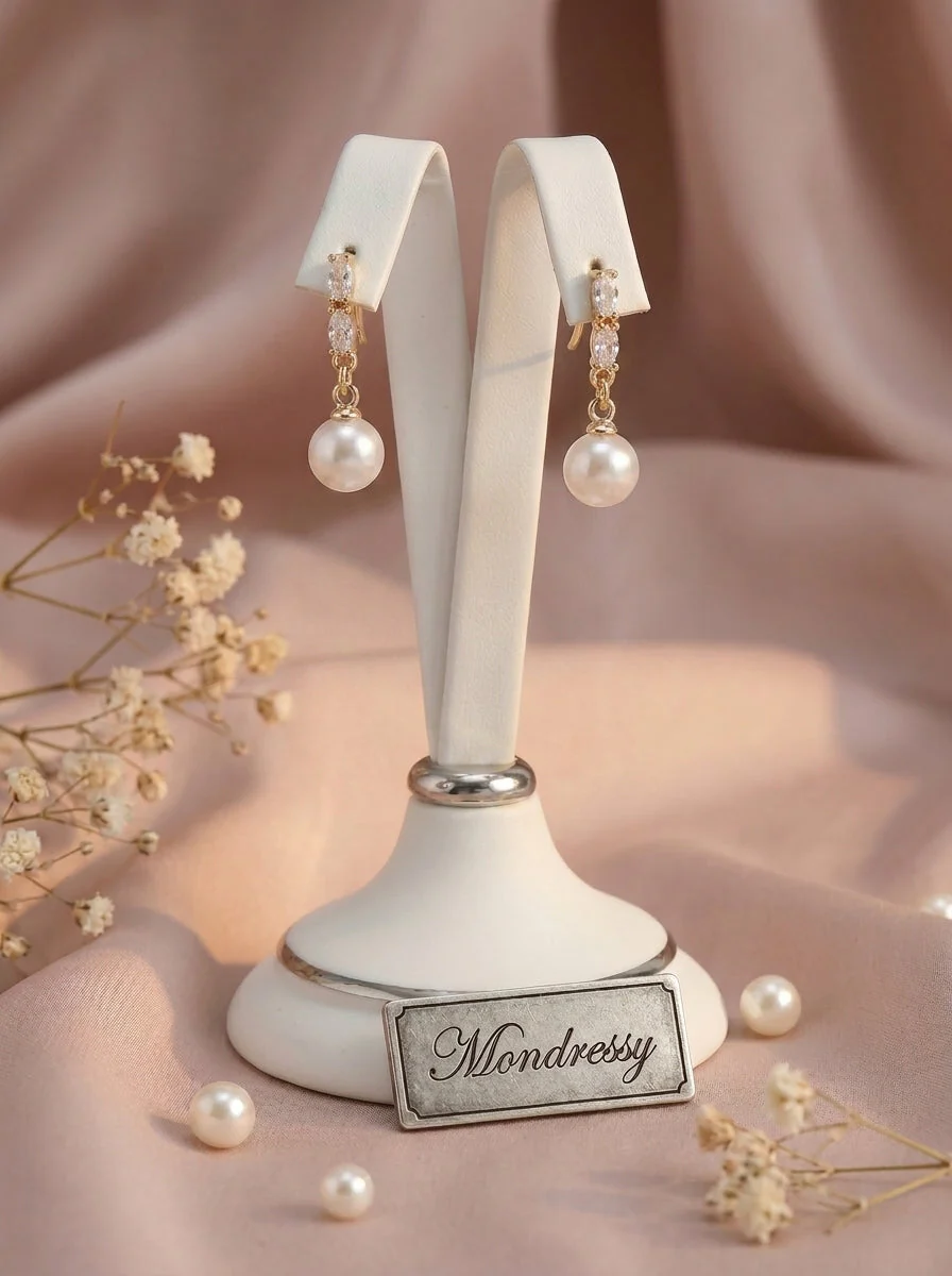 Bridal Pearl Rhinestone Drop Earrings - Image 2