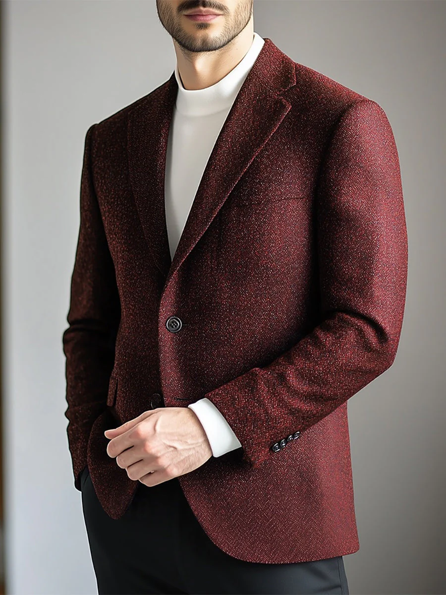Burgundy Men's Retro Standard Fit Single Breasted Two-Buttons Casual Blazer Jacket - Image 2