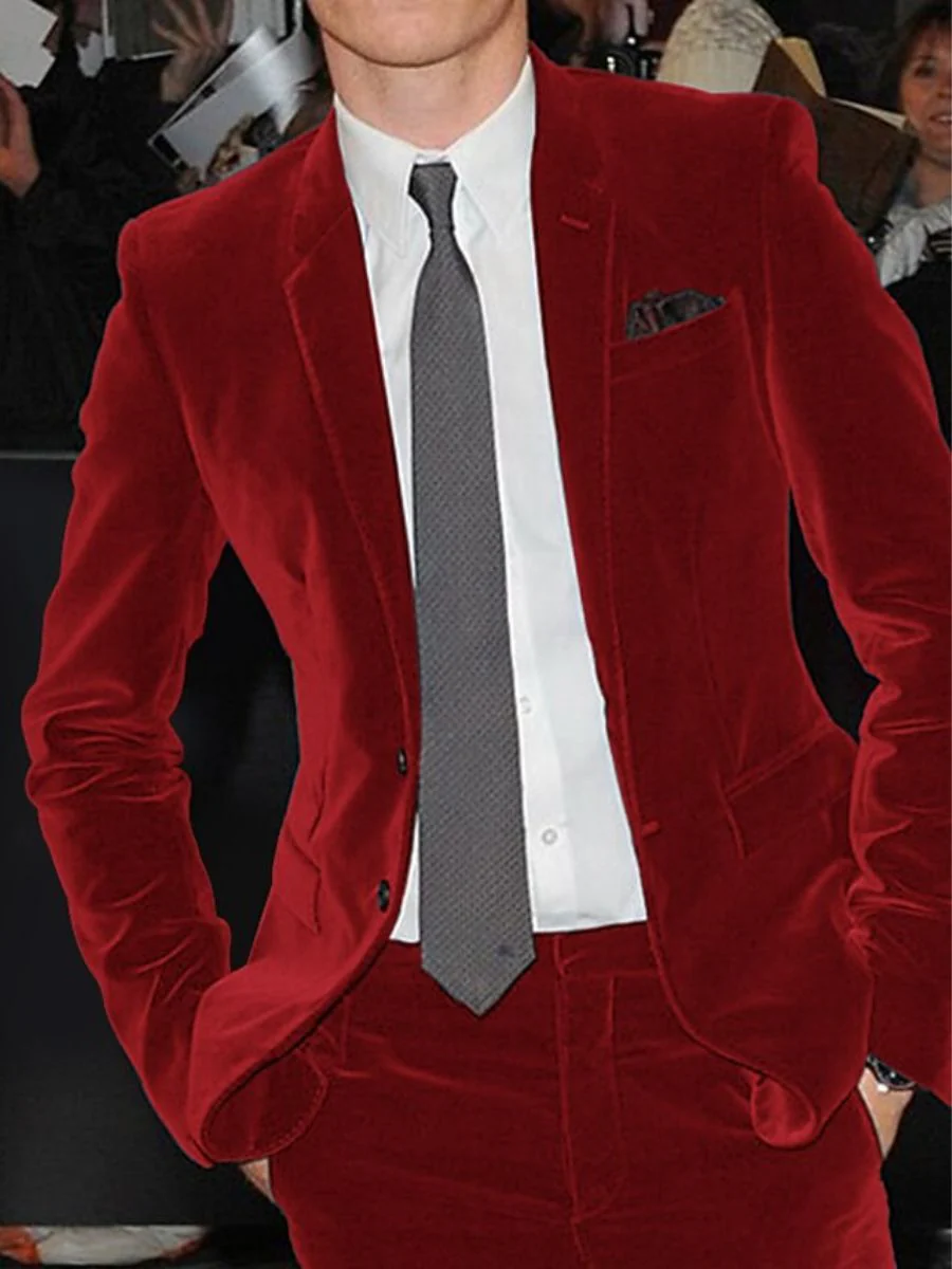 Burgundy Men's Velvet Single Breasted Two-Buttons Solid Wedding Party Suit Jacket - Image 8