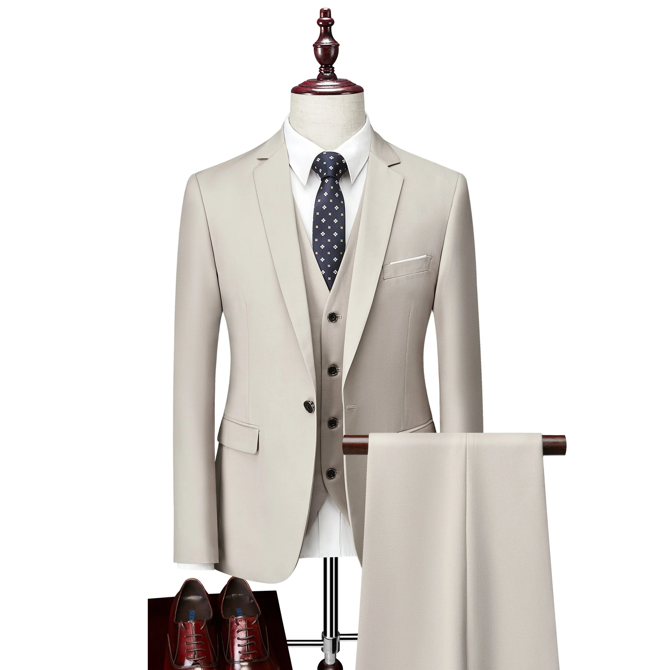 Burgundy White Ivory Grey Blue Men's Tailored Fit Single Breasted One-button 3 Pieces Solid Coloured Wedding Suits - Image 4