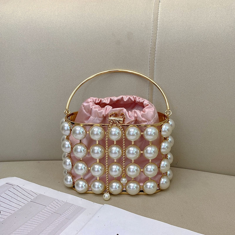 Champagne Elegant Velvet Wedding Party Evening Chain Clutch Bag with White Pearls - Image 11
