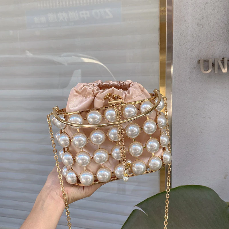 Champagne Elegant Velvet Wedding Party Evening Chain Clutch Bag with White Pearls - Image 13