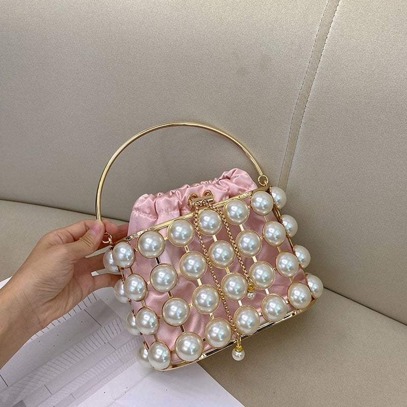 Champagne Elegant Velvet Wedding Party Evening Chain Clutch Bag with White Pearls - Image 16