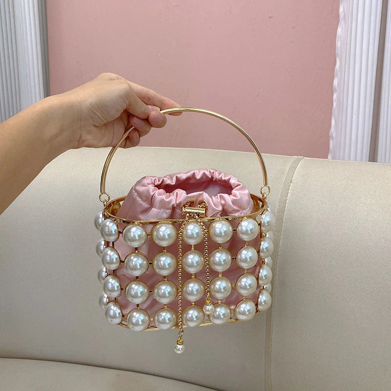 Champagne Elegant Velvet Wedding Party Evening Chain Clutch Bag with White Pearls - Image 17