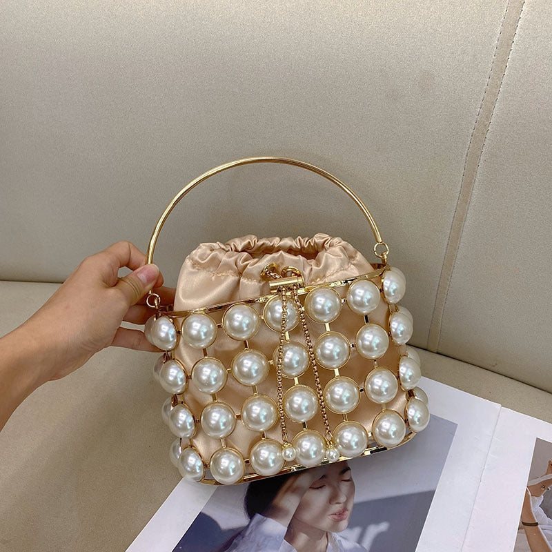 Champagne Elegant Velvet Wedding Party Evening Chain Clutch Bag with White Pearls - Image 2