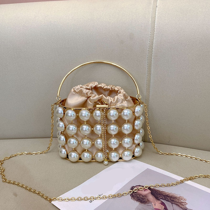 Champagne Elegant Velvet Wedding Party Evening Chain Clutch Bag with White Pearls - Image 4