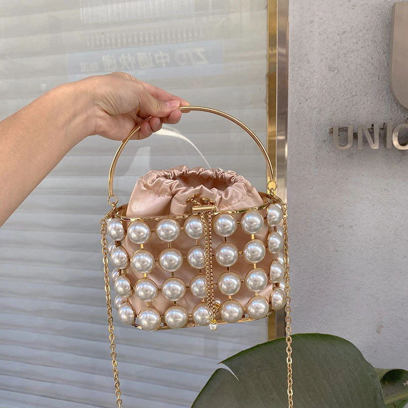 Champagne Elegant Velvet Wedding Party Evening Chain Clutch Bag with White Pearls - Image 7