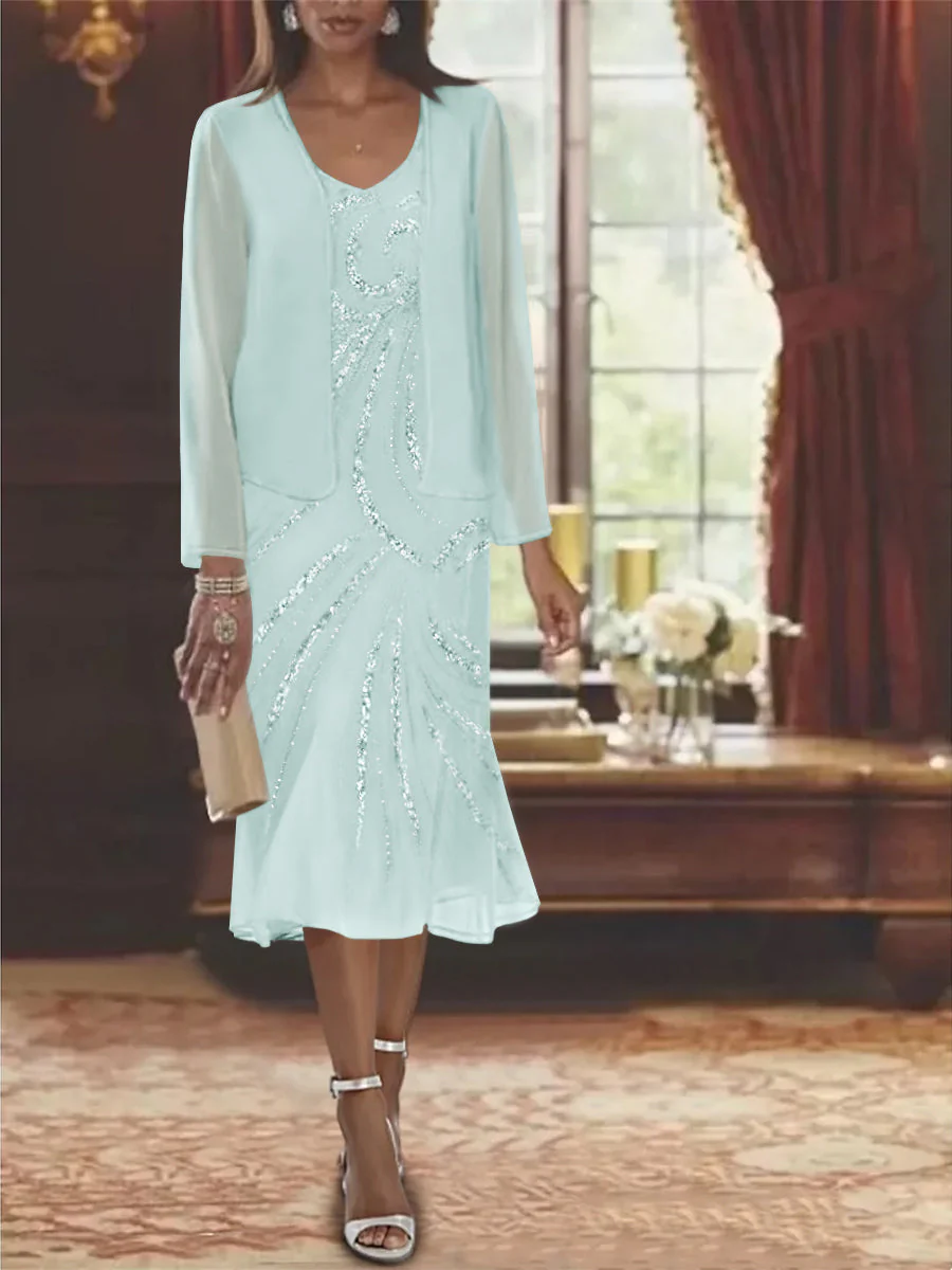 Chiffon 2 Pieces V-Neck Knee-Length Mother of the Bride Dresses with Jacket & Sequins - Image 11
