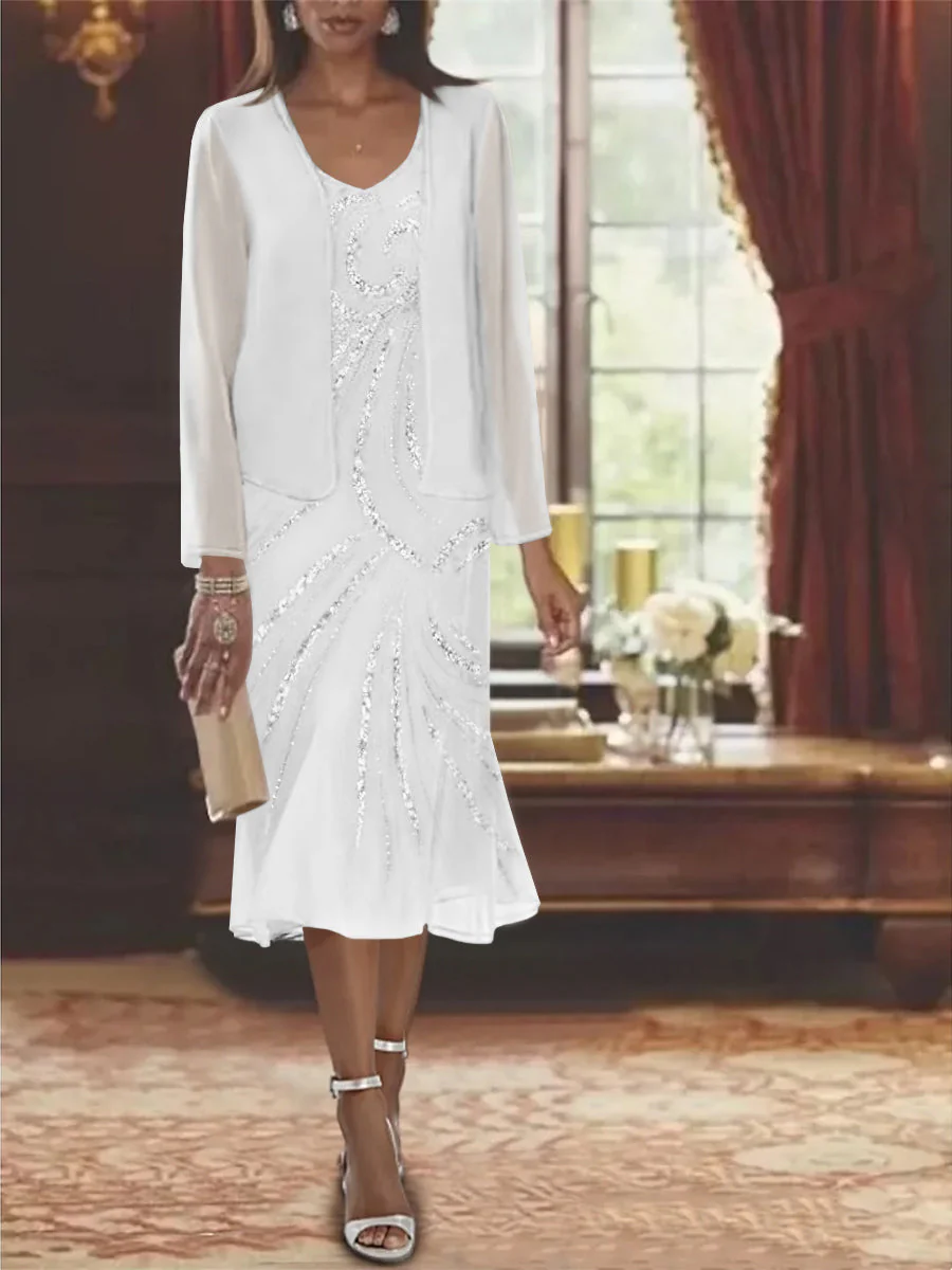 Chiffon 2 Pieces V-Neck Knee-Length Mother of the Bride Dresses with Jacket & Sequins - Image 12