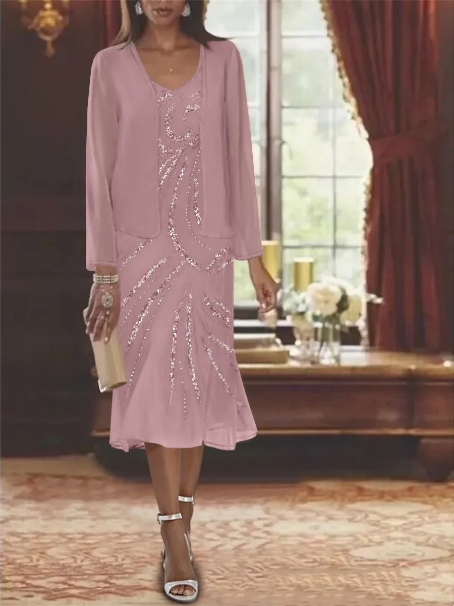Chiffon 2 Pieces V-Neck Knee-Length Mother of the Bride Dresses with Jacket & Sequins - Image 13