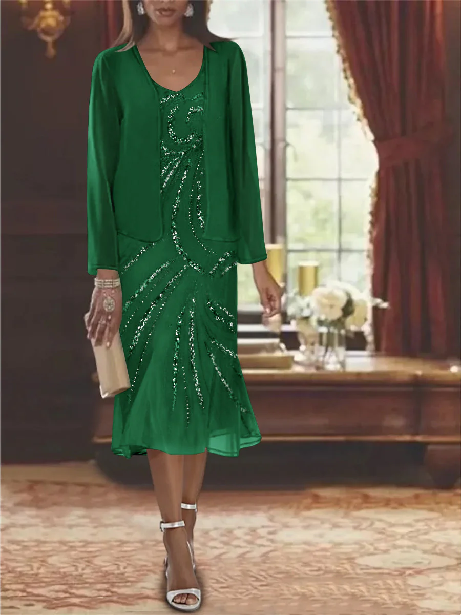 Chiffon 2 Pieces V-Neck Knee-Length Mother of the Bride Dresses with Jacket & Sequins - Image 22