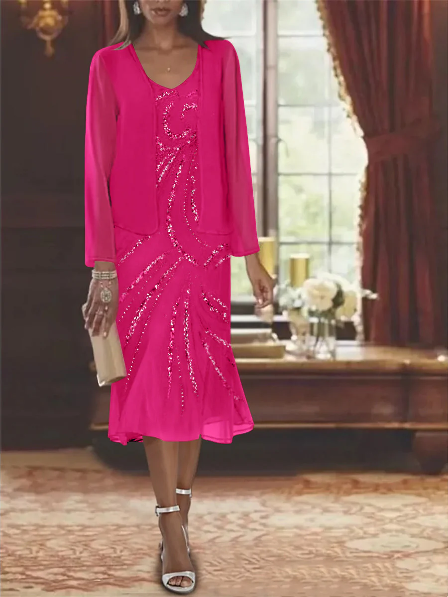Chiffon 2 Pieces V-Neck Knee-Length Mother of the Bride Dresses with Jacket & Sequins - Image 26