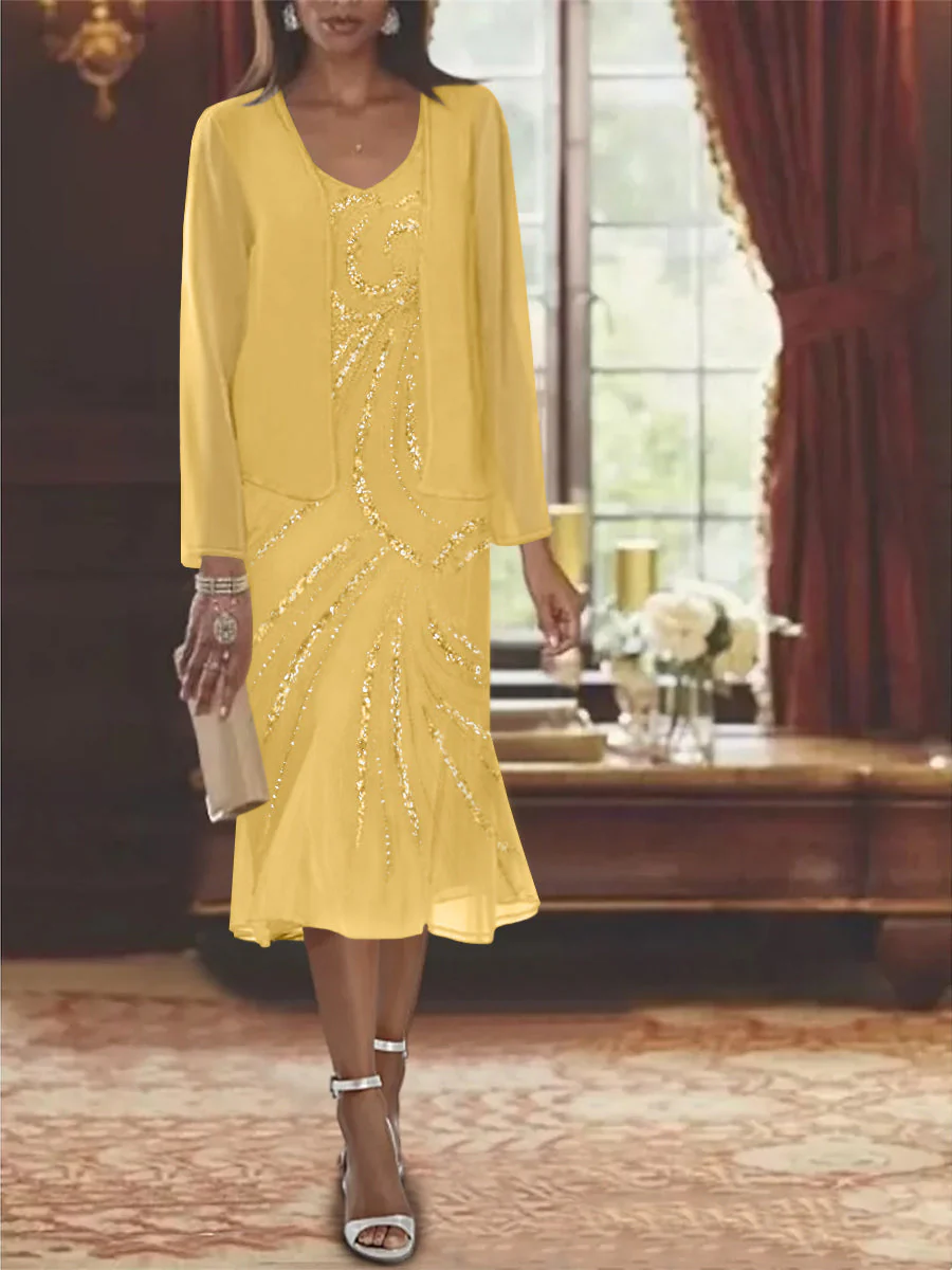 Chiffon 2 Pieces V-Neck Knee-Length Mother of the Bride Dresses with Jacket & Sequins - Image 27