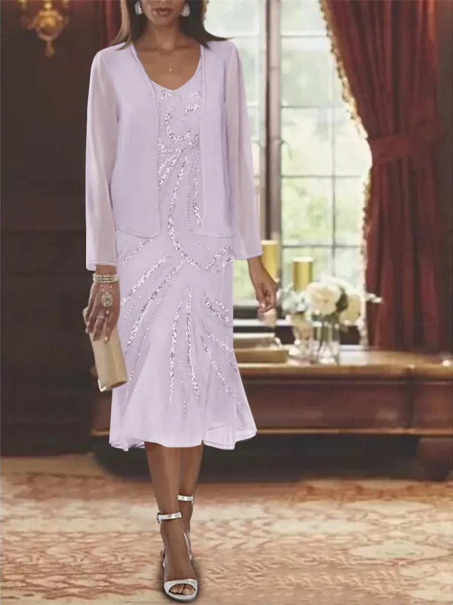 Chiffon 2 Pieces V-Neck Knee-Length Mother of the Bride Dresses with Jacket & Sequins - Image 33