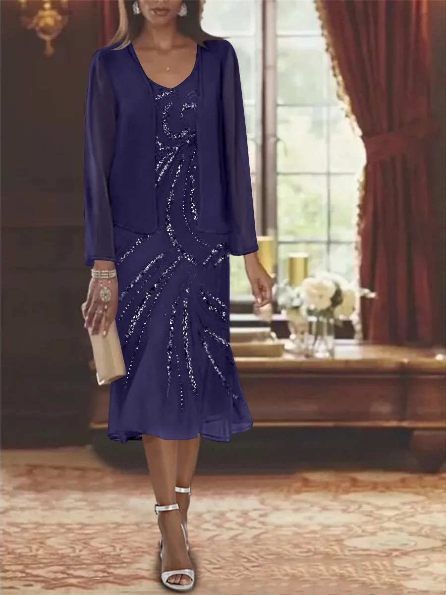 Chiffon 2 Pieces V-Neck Knee-Length Mother of the Bride Dresses with Jacket & Sequins - Image 44