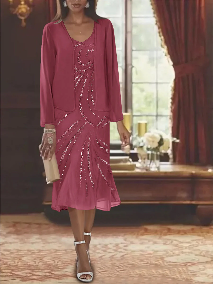 Chiffon 2 Pieces V-Neck Knee-Length Mother of the Bride Dresses with Jacket & Sequins - Image 54