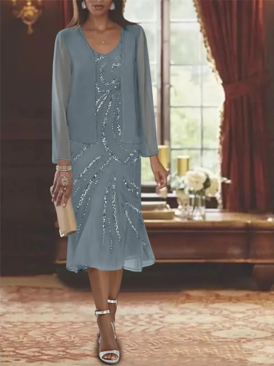 Chiffon 2 Pieces V-Neck Knee-Length Mother of the Bride Dresses with Jacket & Sequins - Image 56