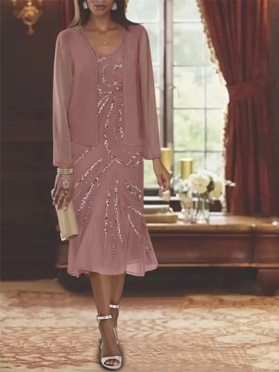 Chiffon 2 Pieces V-Neck Knee-Length Mother of the Bride Dresses with Jacket & Sequins - Image 57