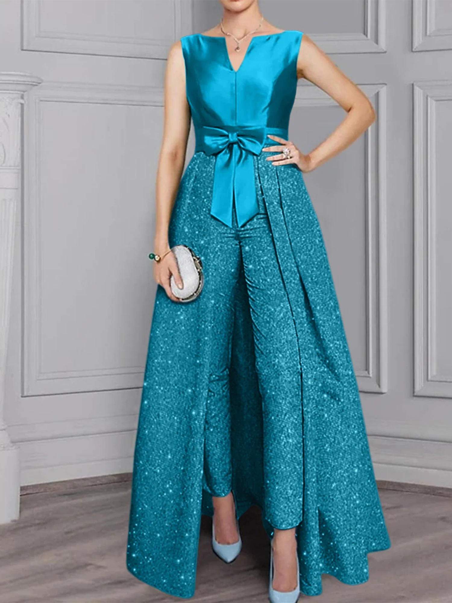 2 Pieces Scoop Long Sleeves Mother of the Bride Pantsuits with Sash ï¼?Sequins - Image 15
