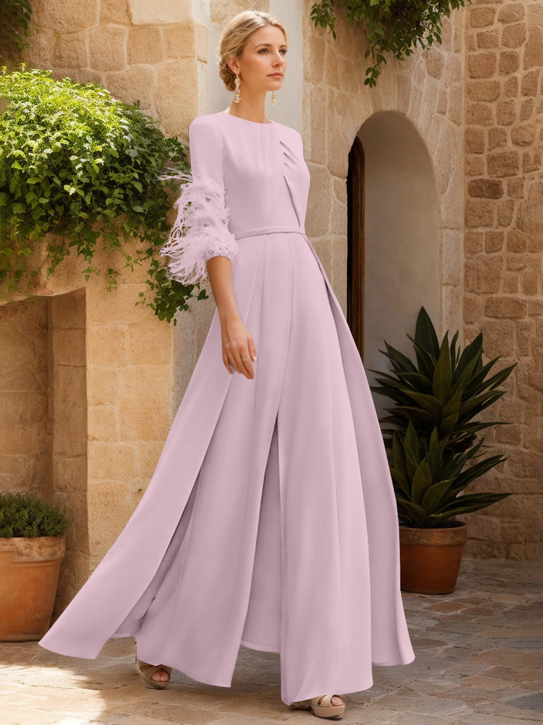 Jewel Neck Half Sleeves Ankle-Length Mother Of The Bride Jumpsuits With Feathers - Image 14