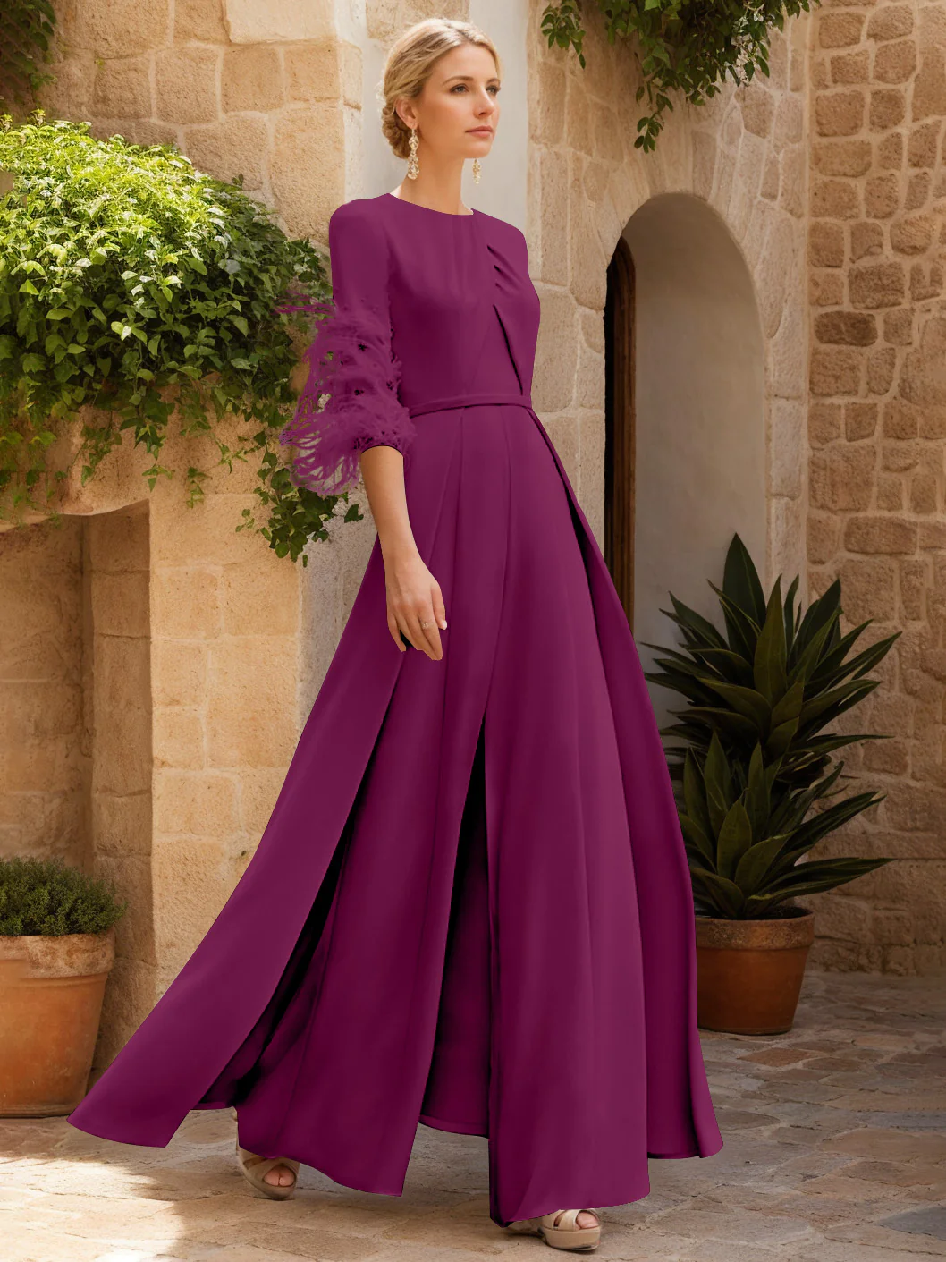 Jewel Neck Half Sleeves Ankle-Length Mother Of The Bride Jumpsuits With Feathers - Image 17