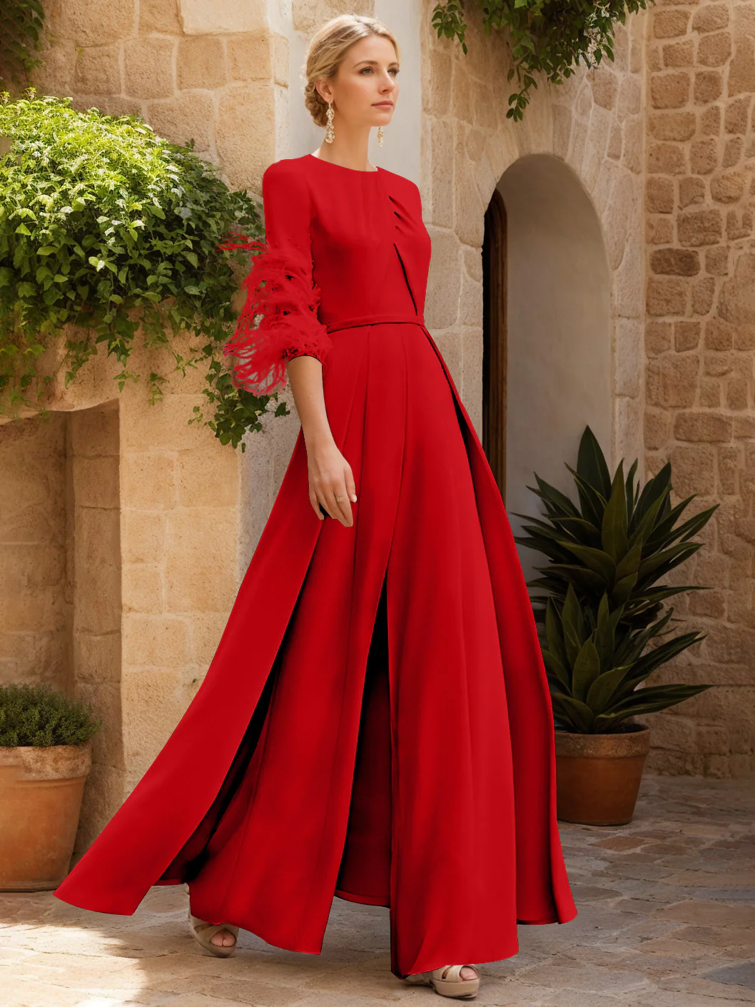 Jewel Neck Half Sleeves Ankle-Length Mother Of The Bride Jumpsuits With Feathers - Image 19