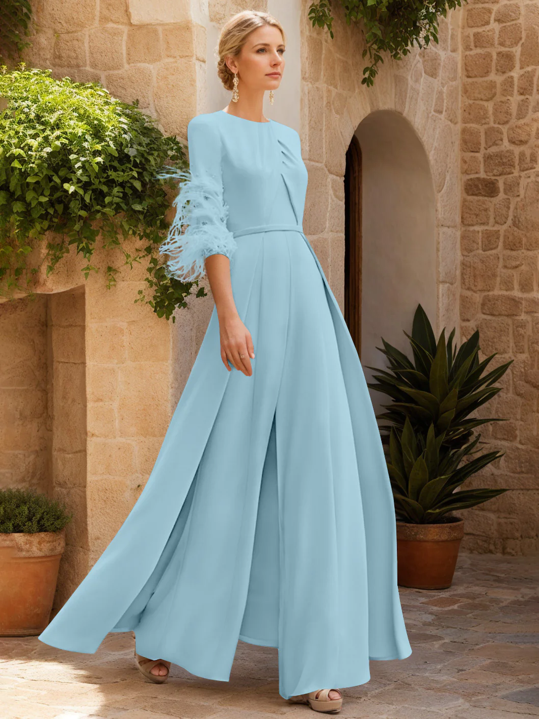 Jewel Neck Half Sleeves Ankle-Length Mother Of The Bride Jumpsuits With Feathers - Image 23