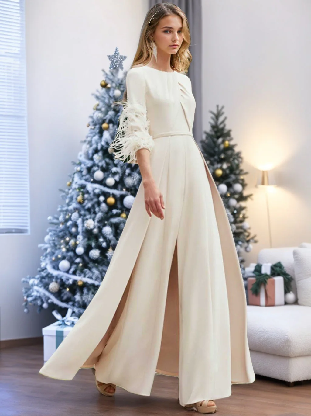 Jewel Neck Half Sleeves Ankle-Length Mother Of The Bride Jumpsuits With Feathers - Image 3