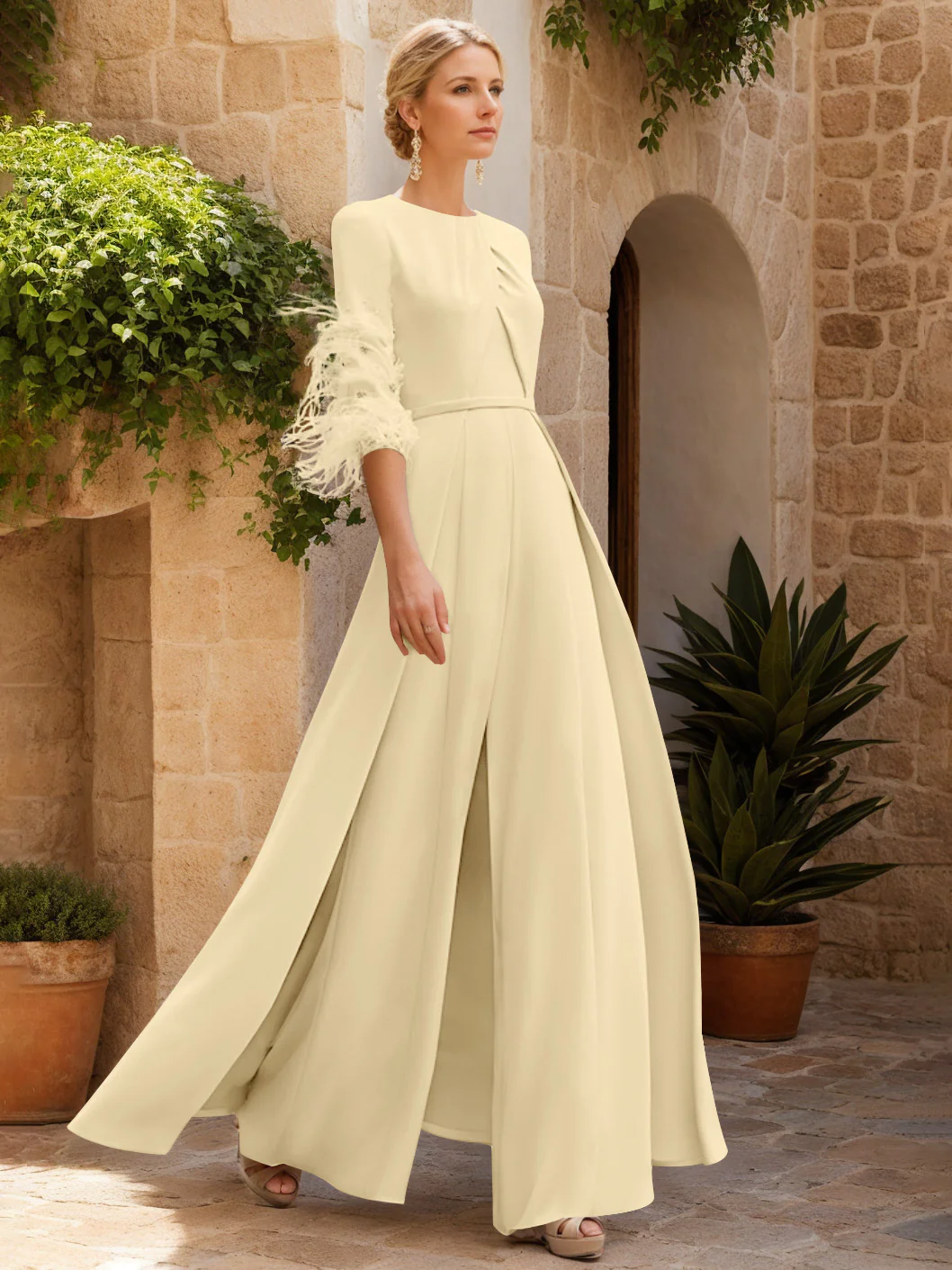 Jewel Neck Half Sleeves Ankle-Length Mother Of The Bride Jumpsuits With Feathers - Image 31