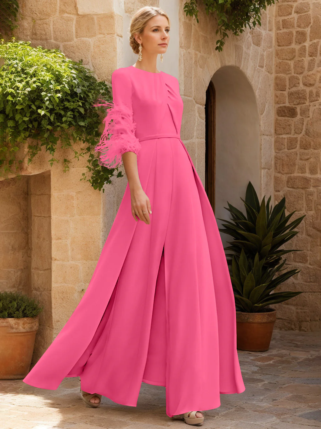 Jewel Neck Half Sleeves Ankle-Length Mother Of The Bride Jumpsuits With Feathers - Image 32