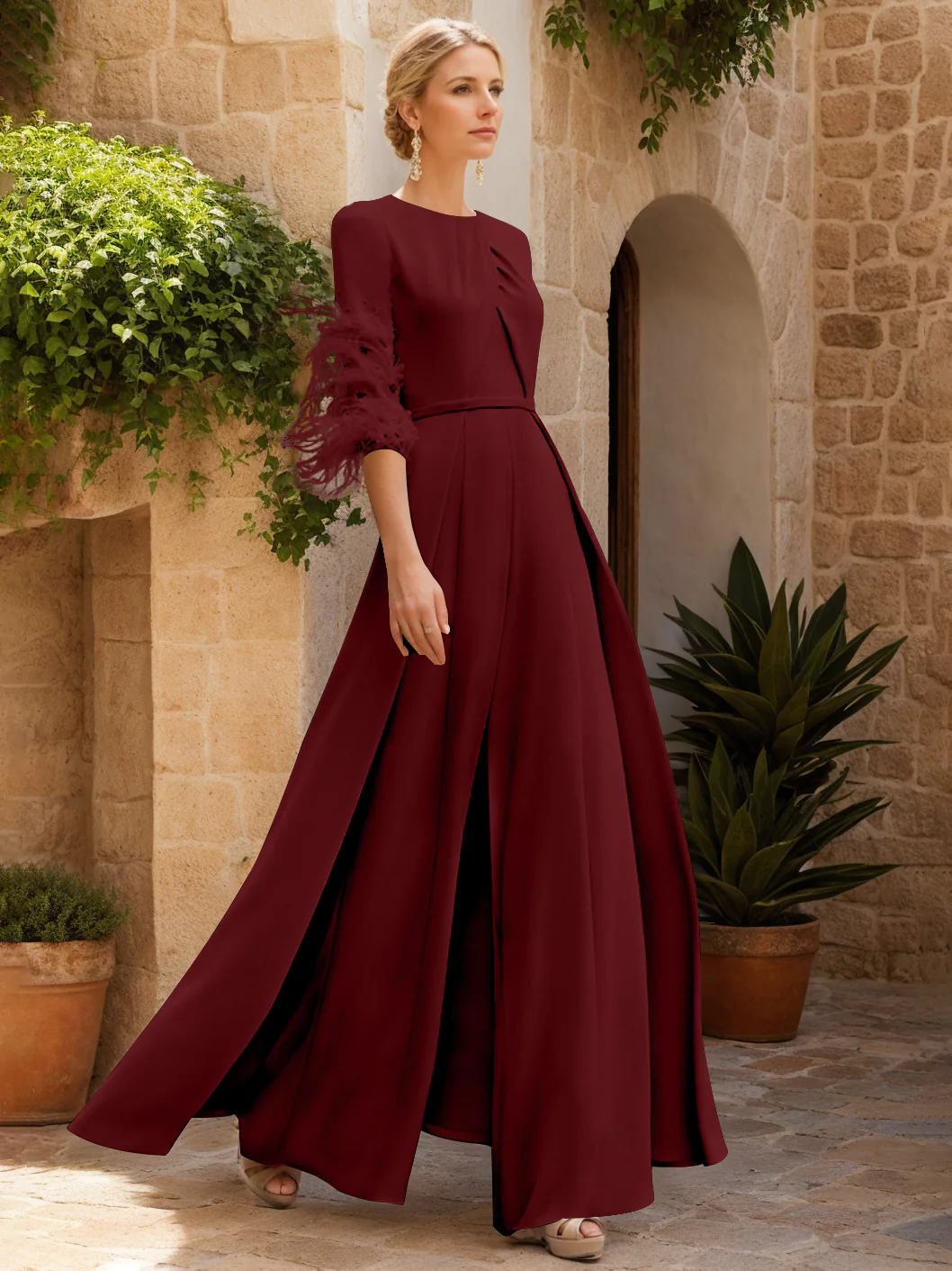 Jewel Neck Half Sleeves Ankle-Length Mother Of The Bride Jumpsuits With Feathers - Image 33