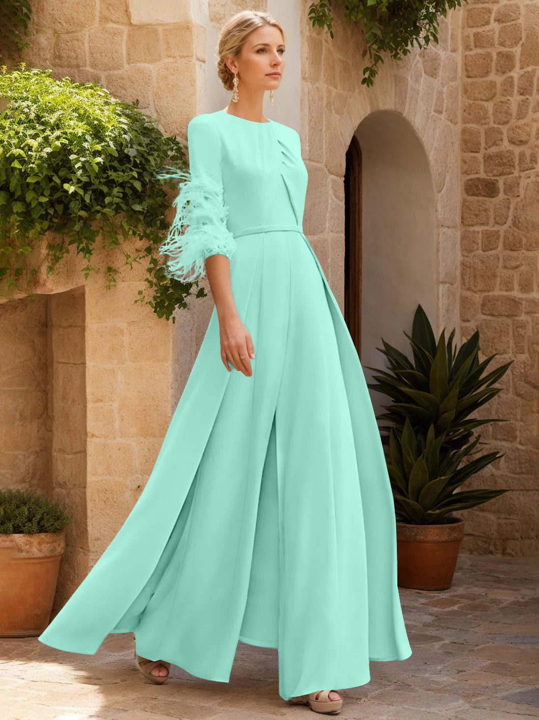 Jewel Neck Half Sleeves Ankle-Length Mother Of The Bride Jumpsuits With Feathers - Image 36