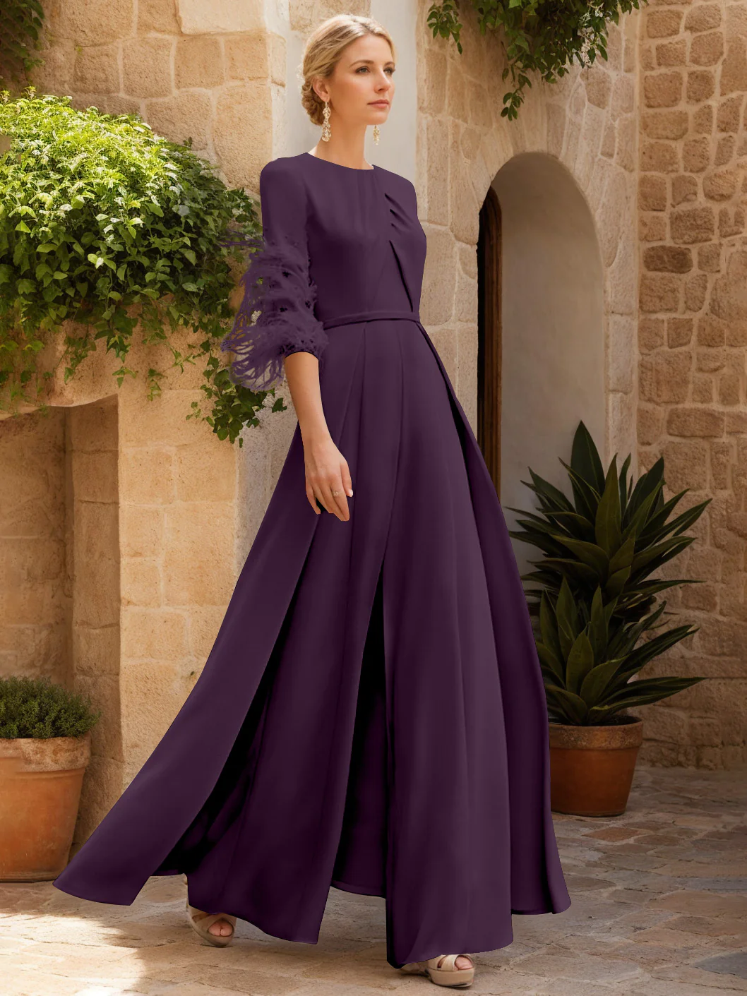 Jewel Neck Half Sleeves Ankle-Length Mother Of The Bride Jumpsuits With Feathers - Image 39