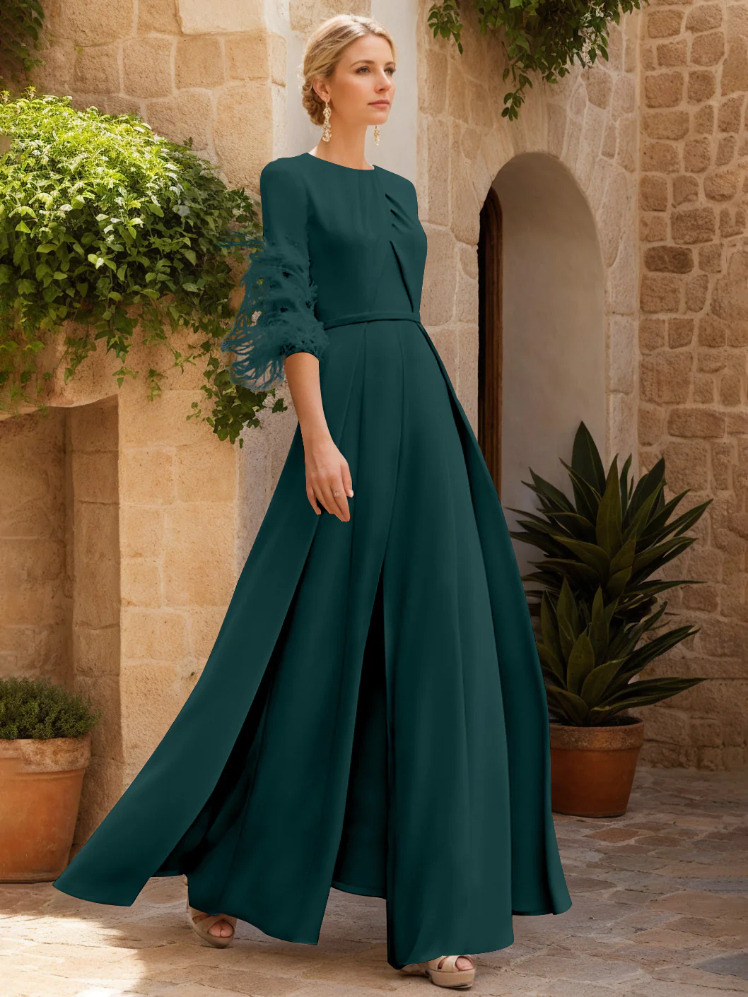 Jewel Neck Half Sleeves Ankle-Length Mother Of The Bride Jumpsuits With Feathers - Image 41