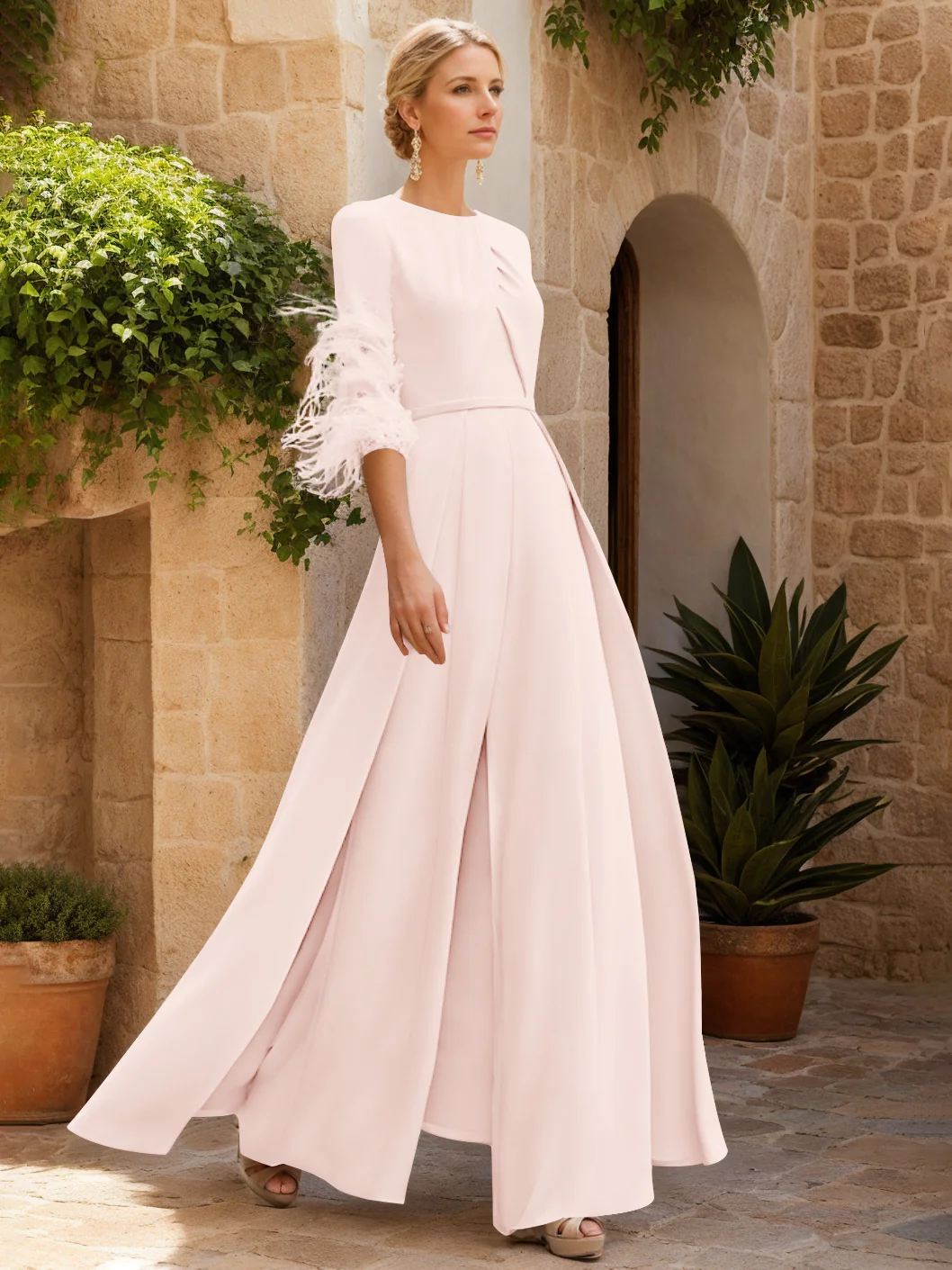 Jewel Neck Half Sleeves Ankle-Length Mother Of The Bride Jumpsuits With Feathers - Image 42