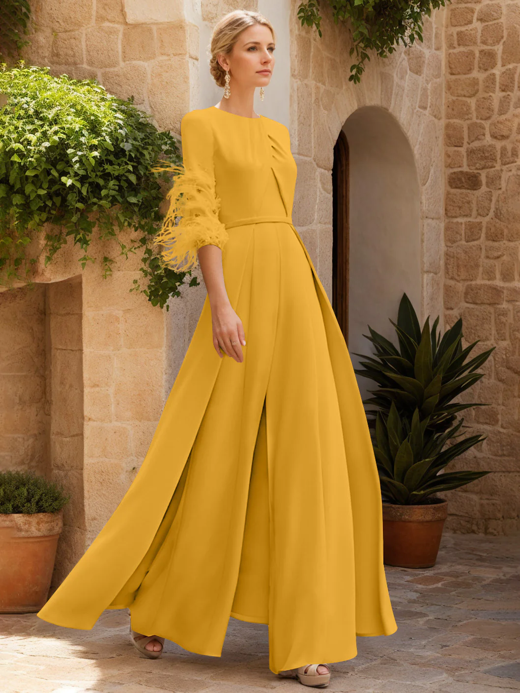 Jewel Neck Half Sleeves Ankle-Length Mother Of The Bride Jumpsuits With Feathers - Image 48