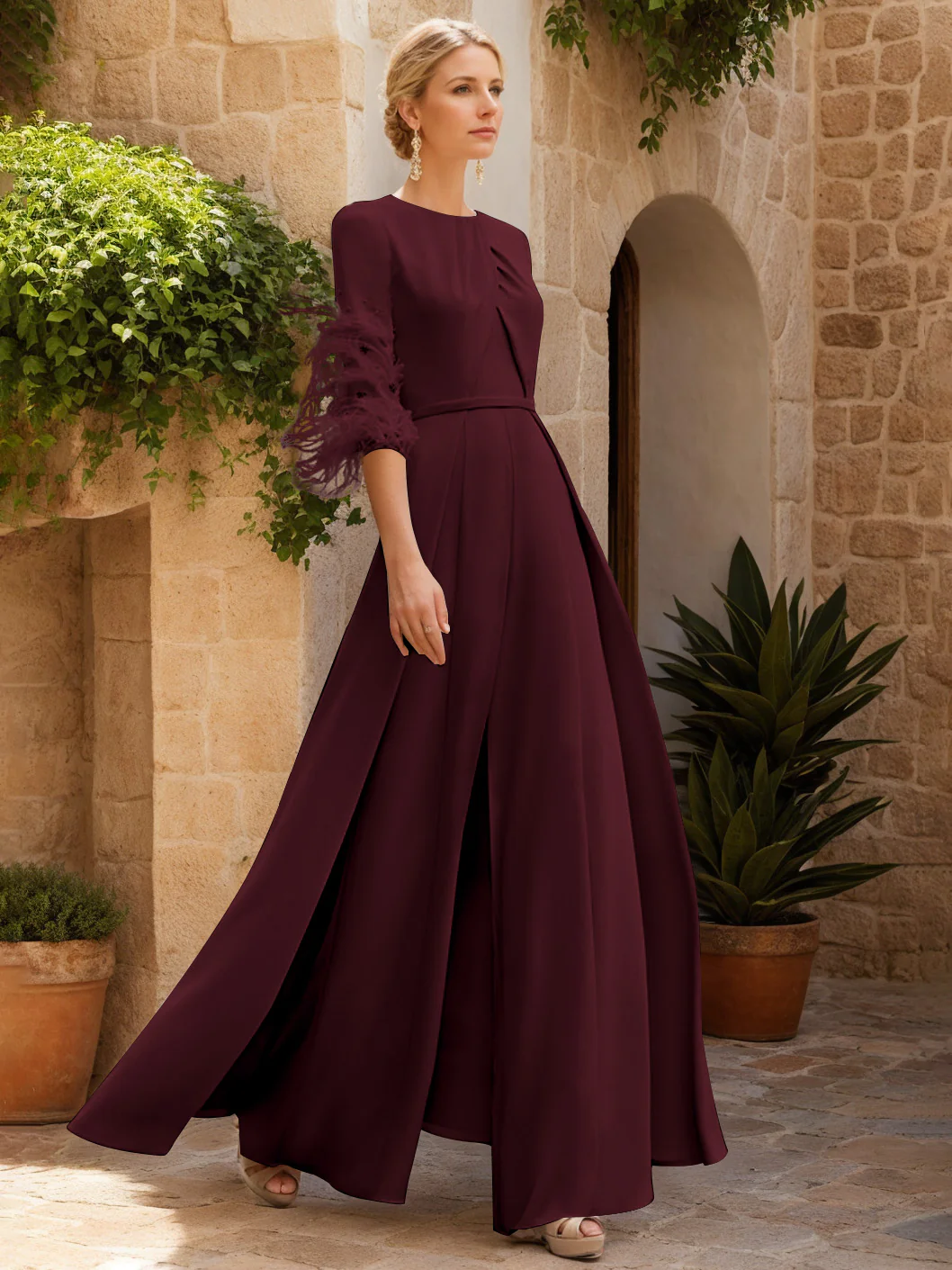 Jewel Neck Half Sleeves Ankle-Length Mother Of The Bride Jumpsuits With Feathers - Image 6