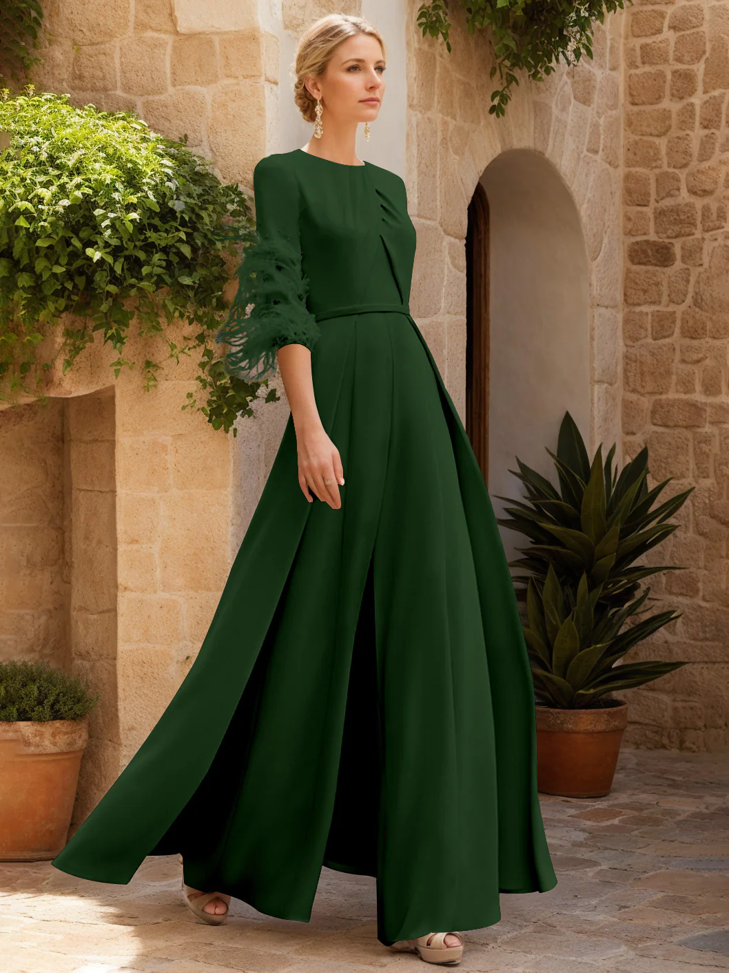 Jewel Neck Half Sleeves Ankle-Length Mother Of The Bride Jumpsuits With Feathers - Image 7
