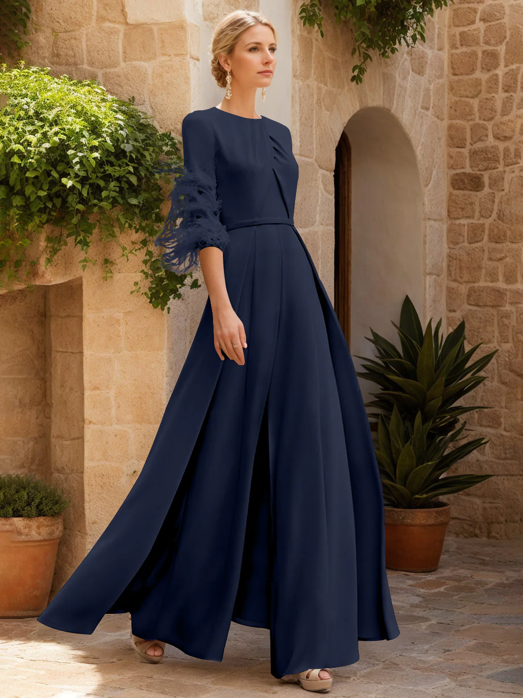 Jewel Neck Half Sleeves Ankle-Length Mother Of The Bride Jumpsuits With Feathers - Image 8