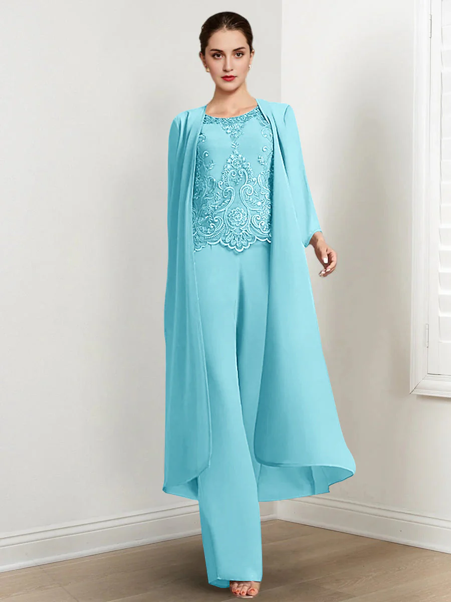 Chiffon Round Neck Floor-Length Mother Of The Bride Pantsuits With Jacket & Applique - Image 10