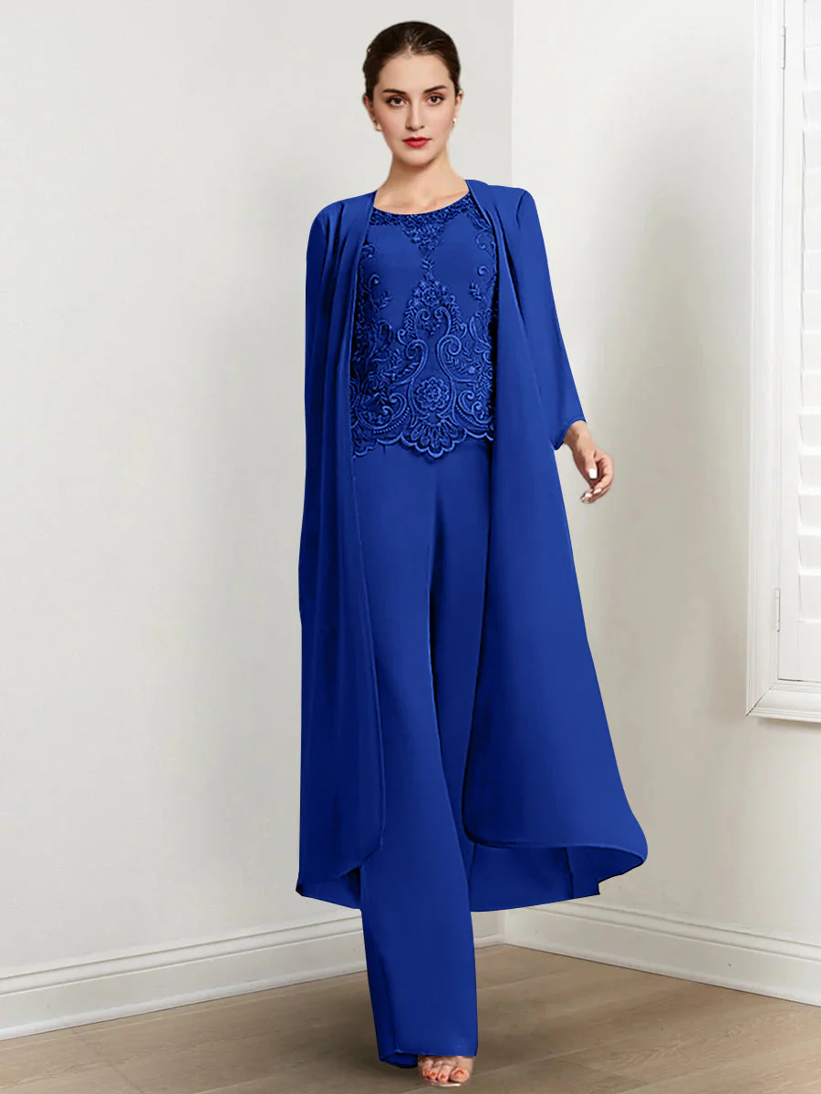 Chiffon Round Neck Floor-Length Mother Of The Bride Pantsuits With Jacket & Applique - Image 21