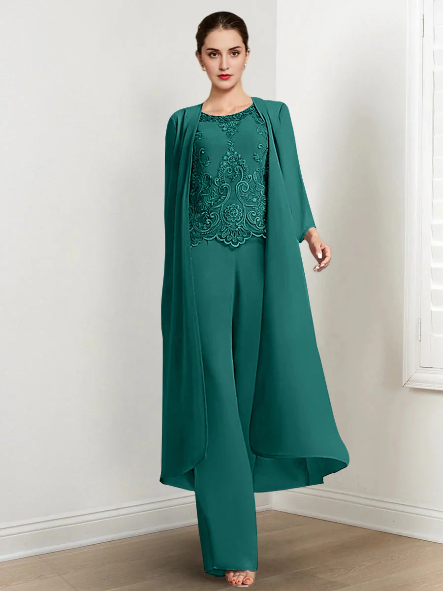 Chiffon Round Neck Floor-Length Mother Of The Bride Pantsuits With Jacket & Applique - Image 25