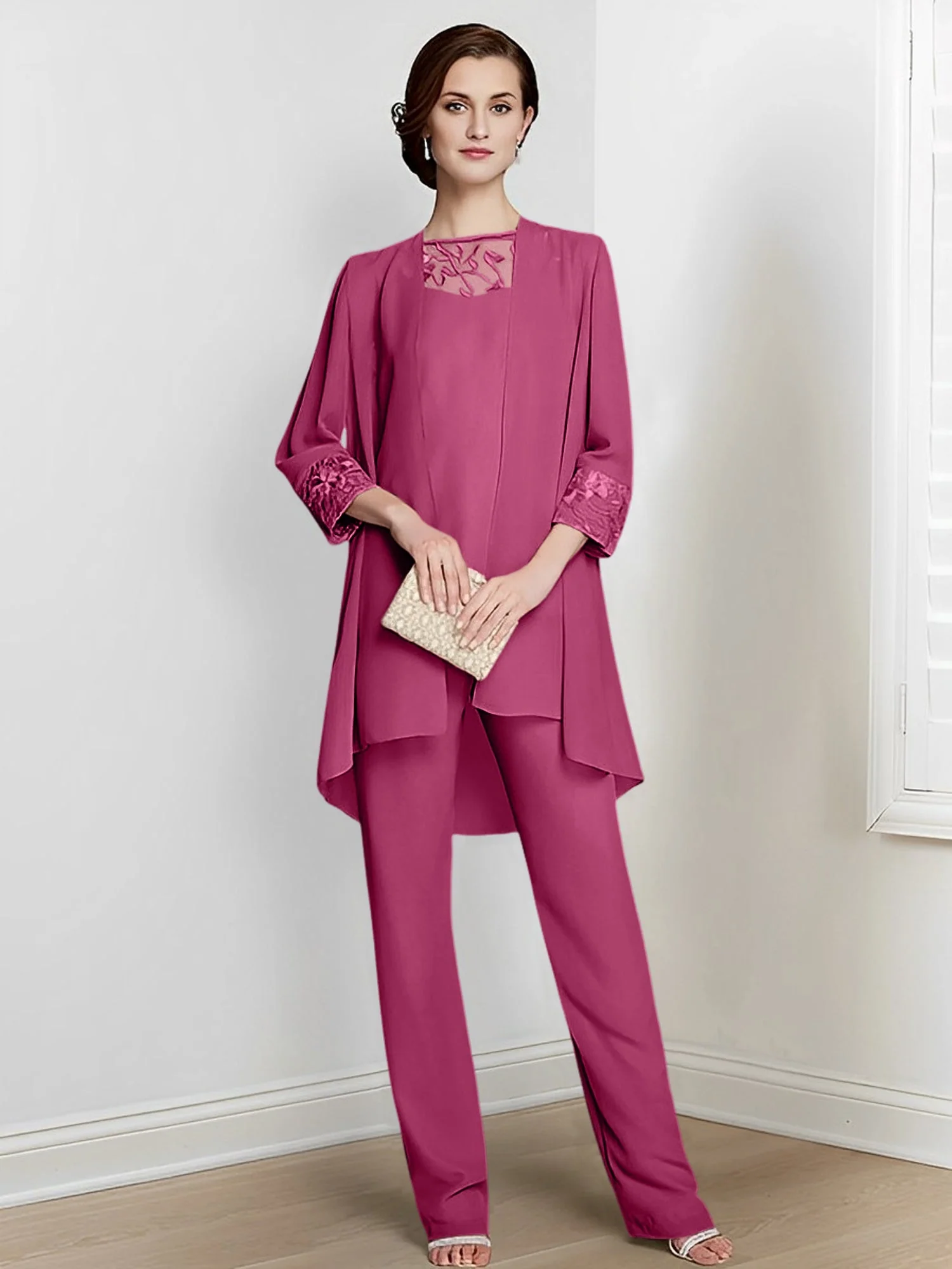 Chiffon Square Neck Long Sleeves Floor-Length Mother Of The Bride Pantsuits With Jacket - Image 36