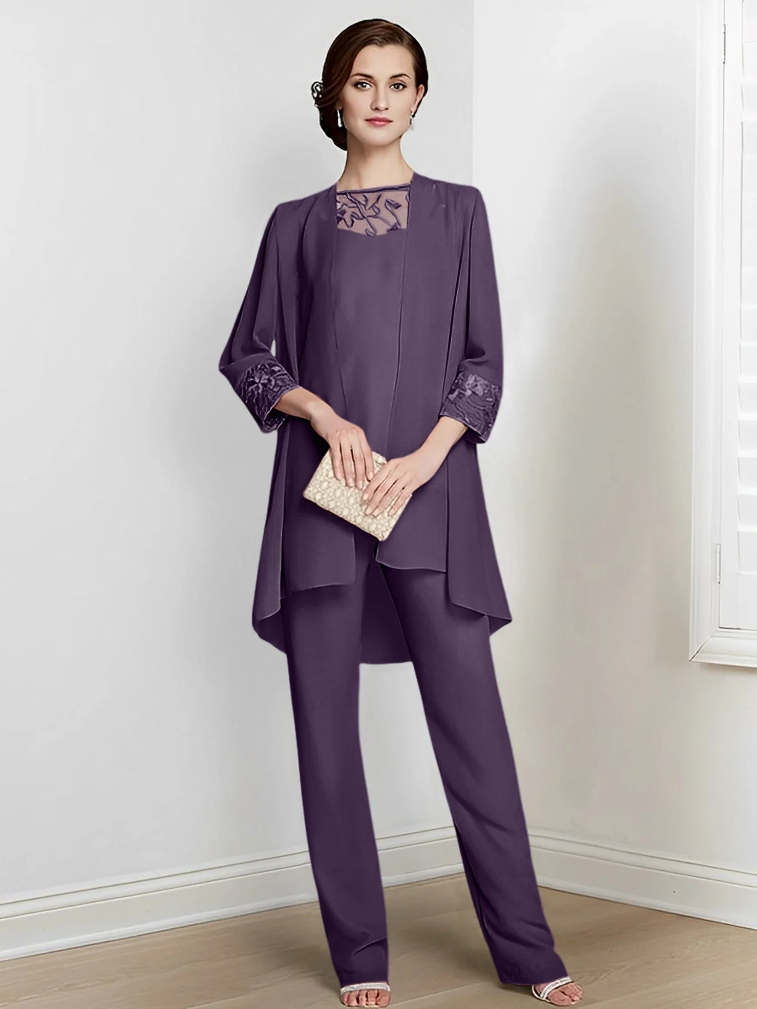 Chiffon Square Neck Long Sleeves Floor-Length Mother Of The Bride Pantsuits With Jacket - Image 39