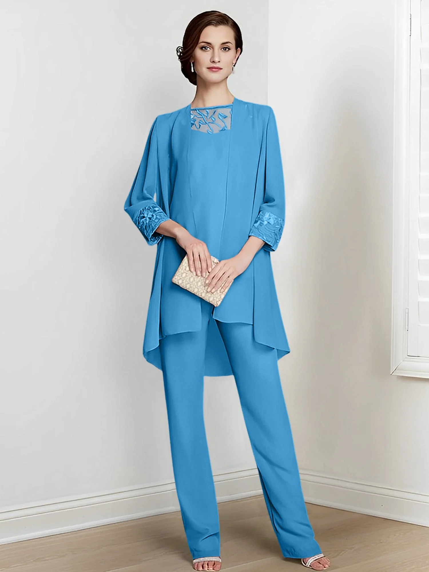 Chiffon Square Neck Long Sleeves Floor-Length Mother Of The Bride Pantsuits With Jacket - Image 58